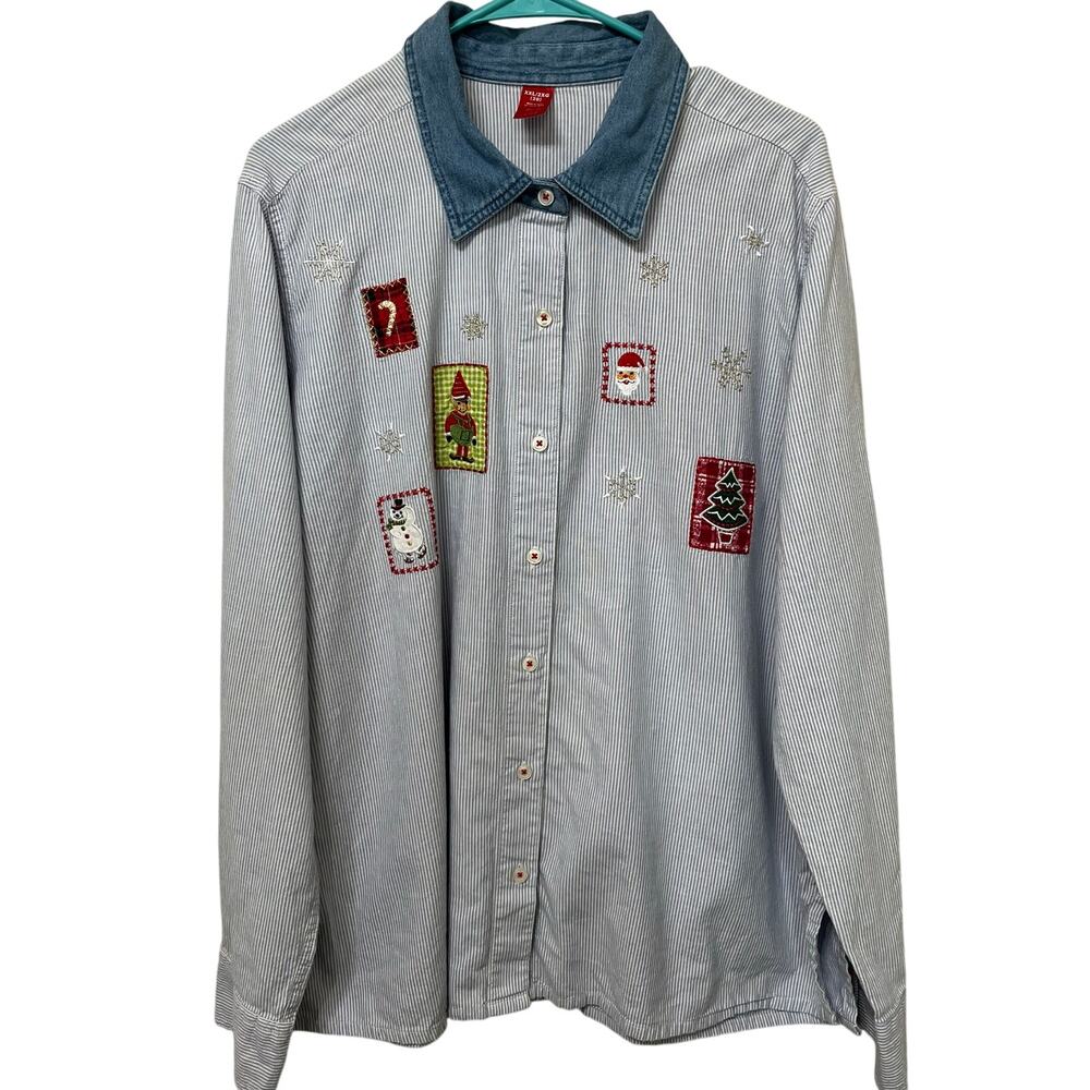 Women’s Novelty Christmas button Up Shirt Sz XXL Striped Cotton